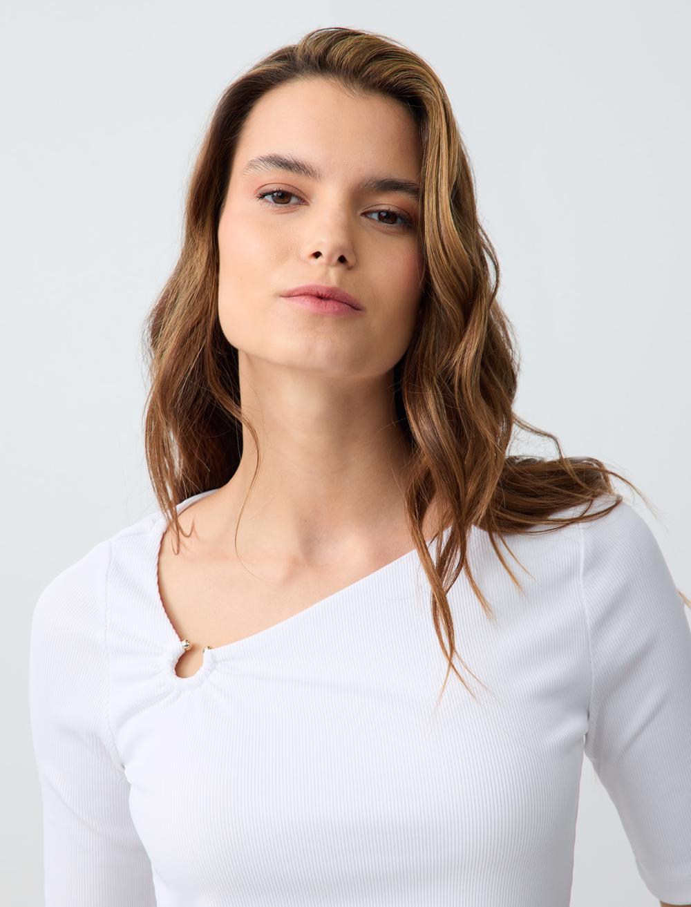 Slim Fit Asymmetric Collar Short Sleeve Knitted Blouse