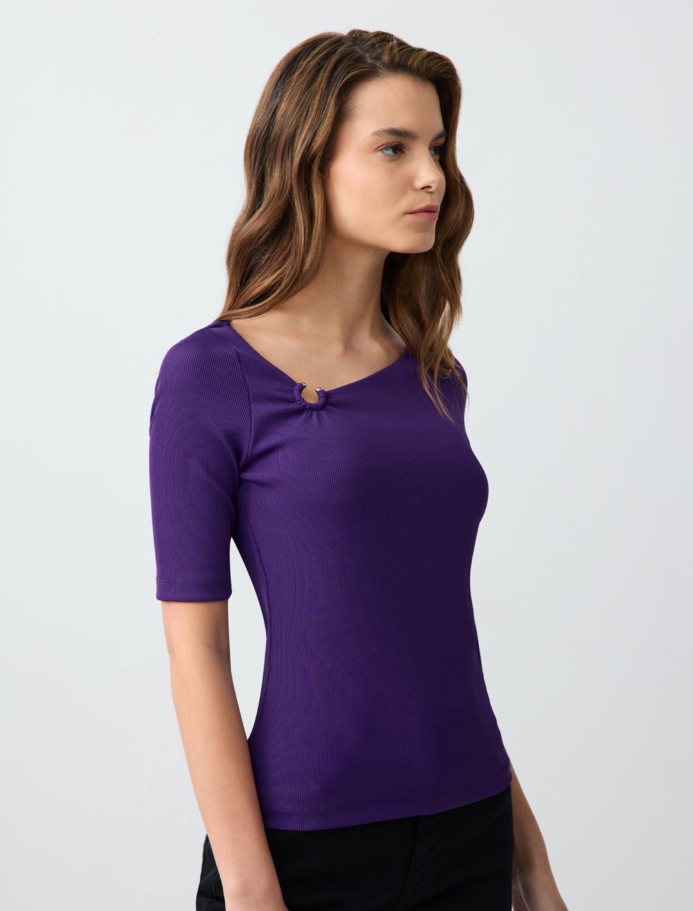 Slim Fit Asymmetric Collar Short Sleeve Knitted Blouse