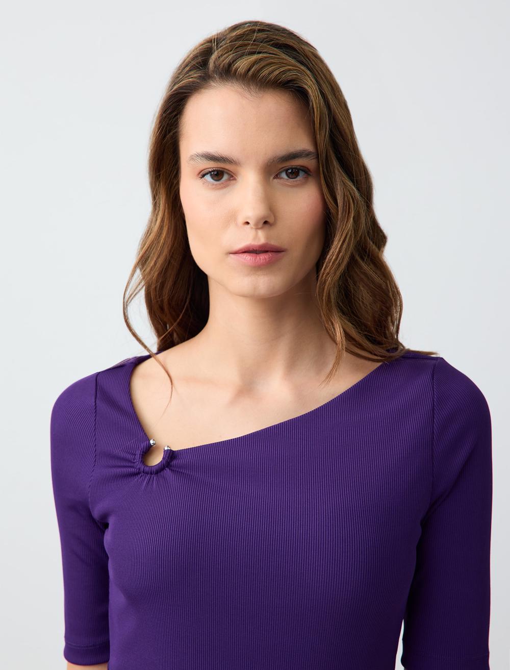 Slim Fit Asymmetric Collar Short Sleeve Knitted Blouse