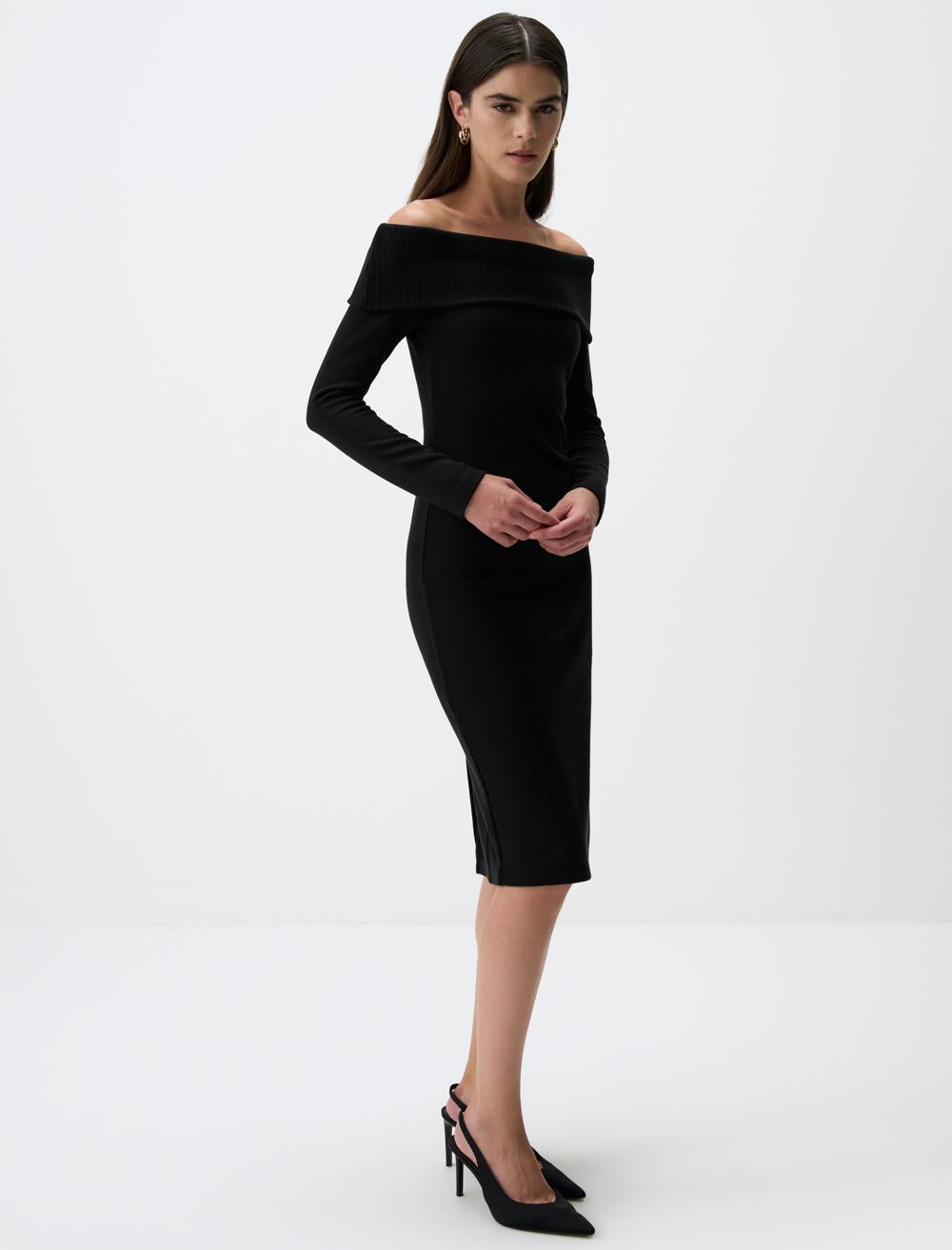 Off The Shoulder Long Sleeve Knitted Midi Dress