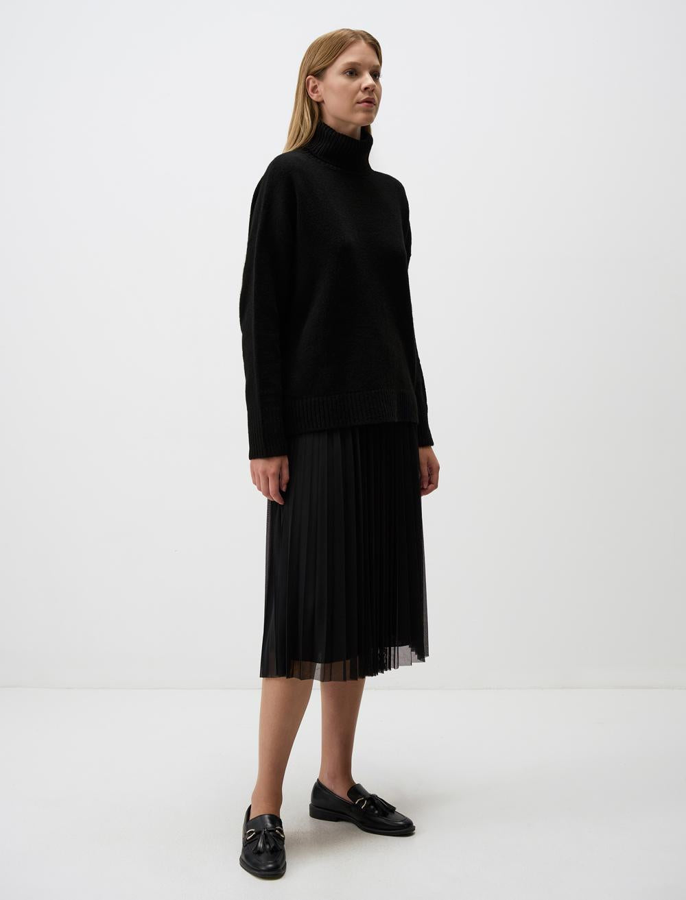 High Waist Pleated Relaxed Fit Midi Skirt