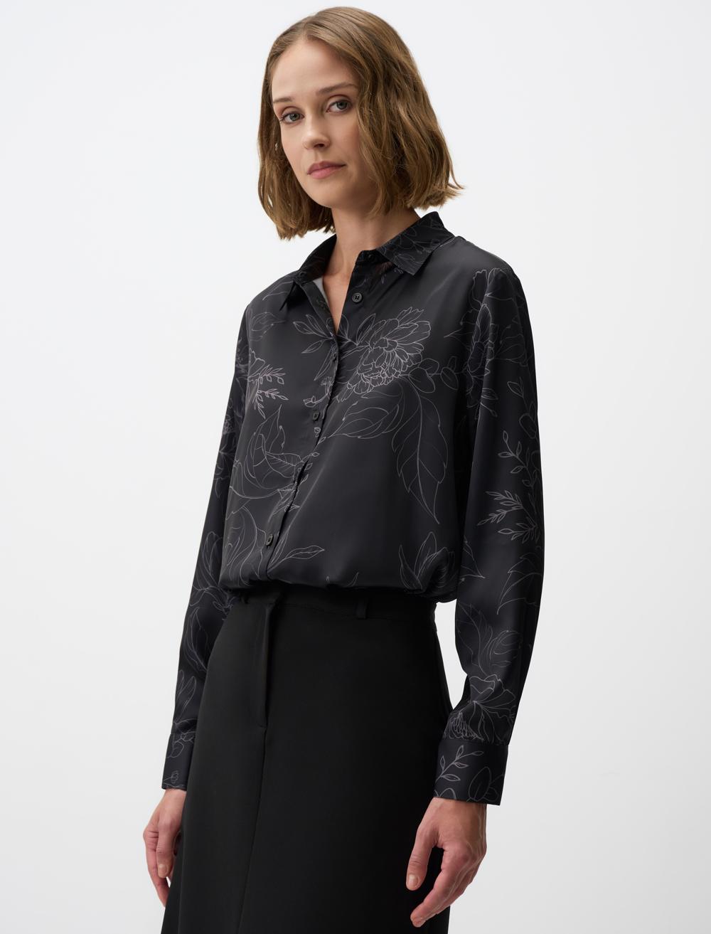 Floral Patterned Long Sleeve Satin Shirt
