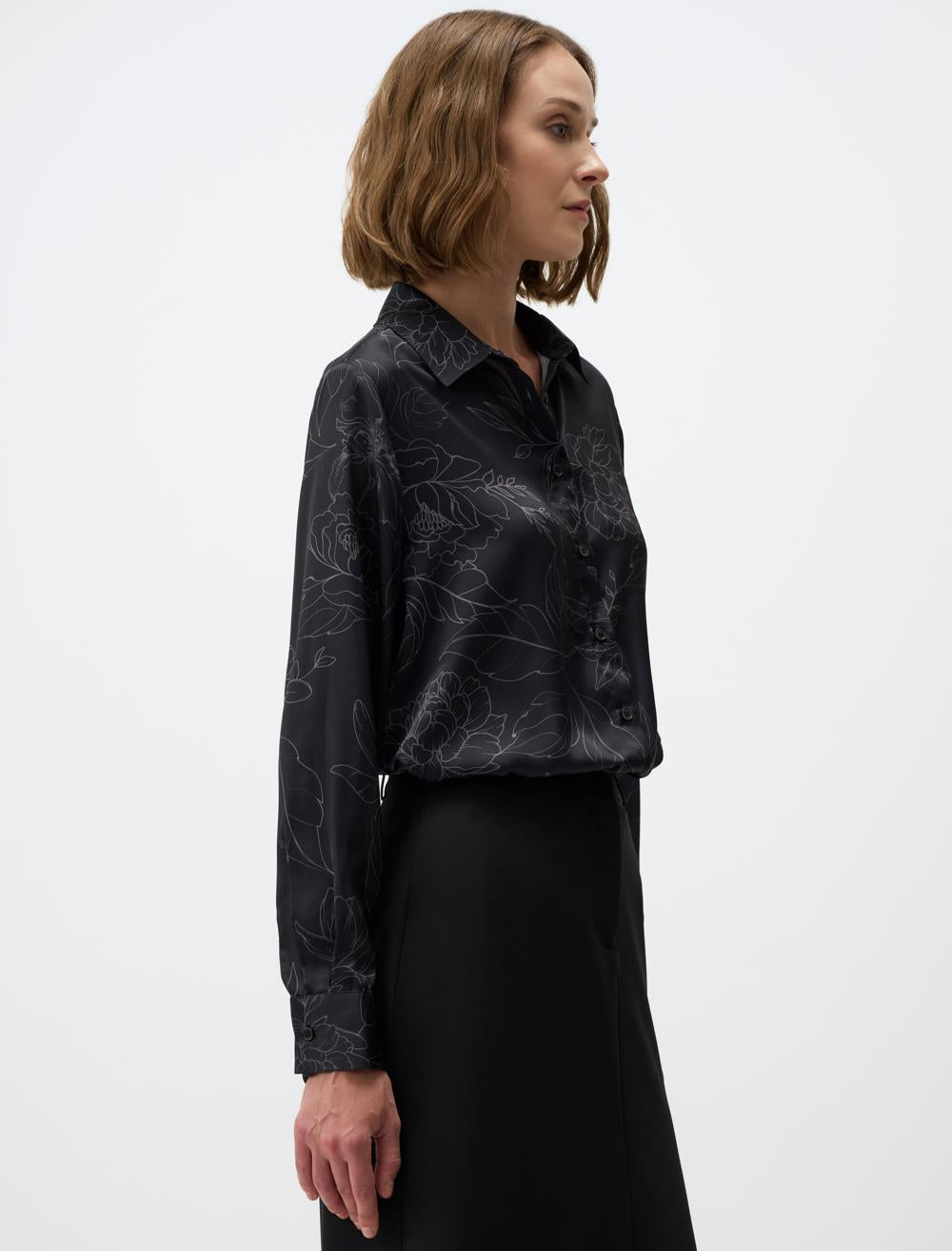 Floral Patterned Long Sleeve Satin Shirt