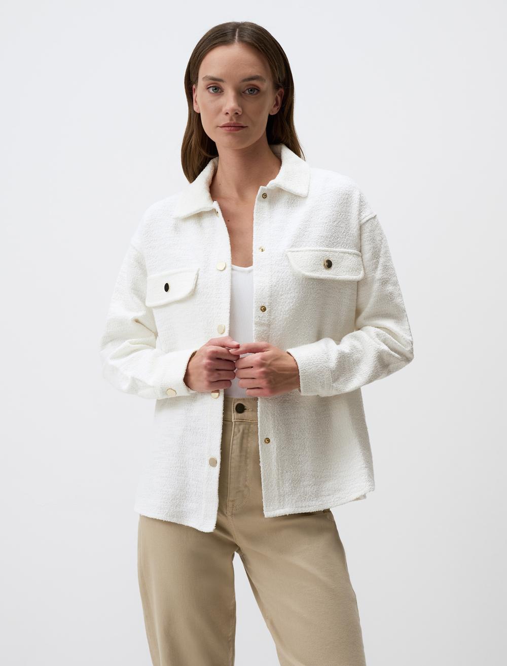 Knitted Long Shirt Jacket with Snap Detail