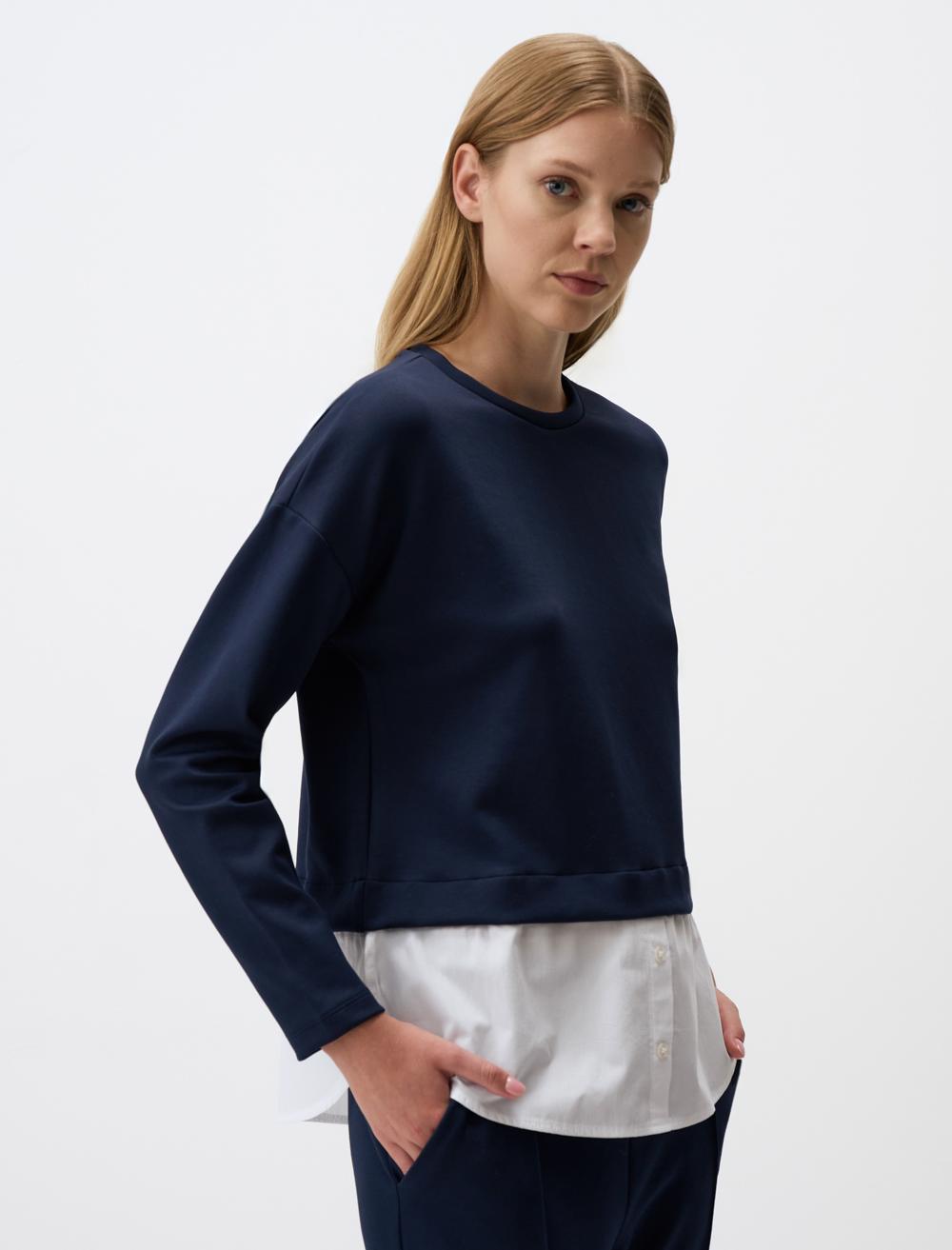 Crew Neck Sweatshirt with Shirt Detail