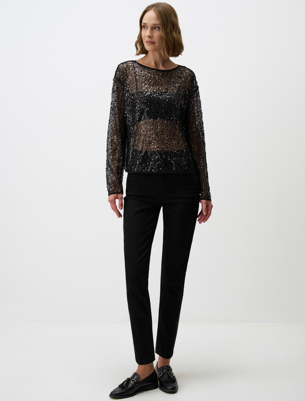 Boat Neck Relaxed Fit Long Sleeve Sequin Blouse