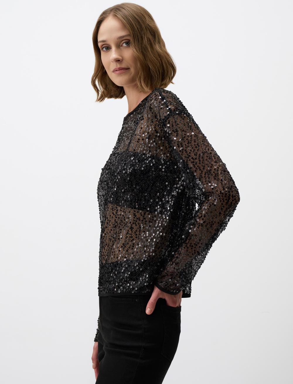 Boat Neck Relaxed Fit Long Sleeve Sequin Blouse
