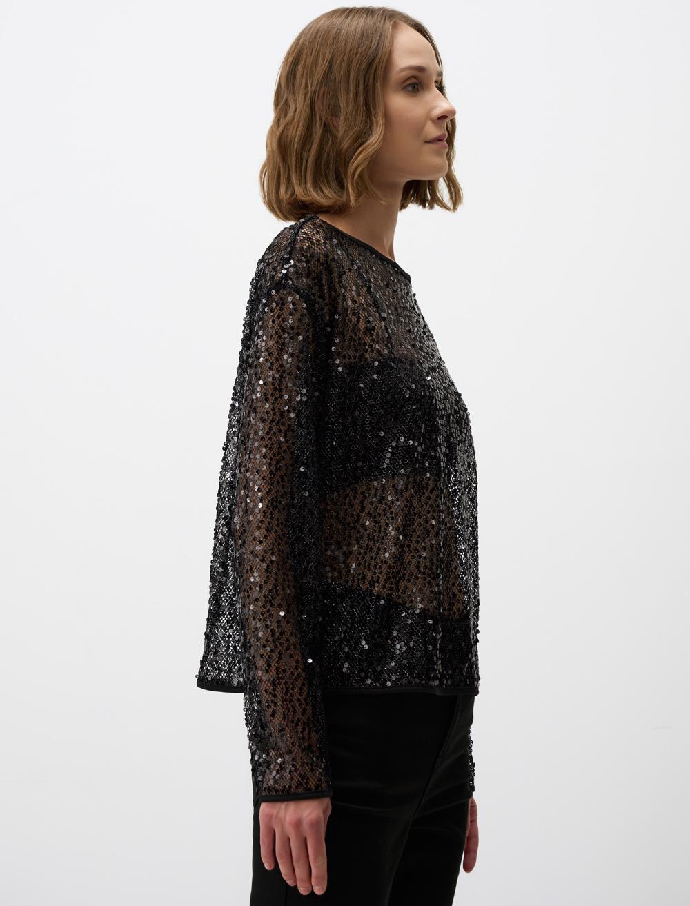 Boat Neck Relaxed Fit Long Sleeve Sequin Blouse