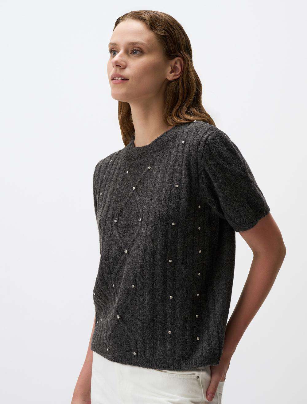 Crew Neck Shiny Stone Detailed Sweater