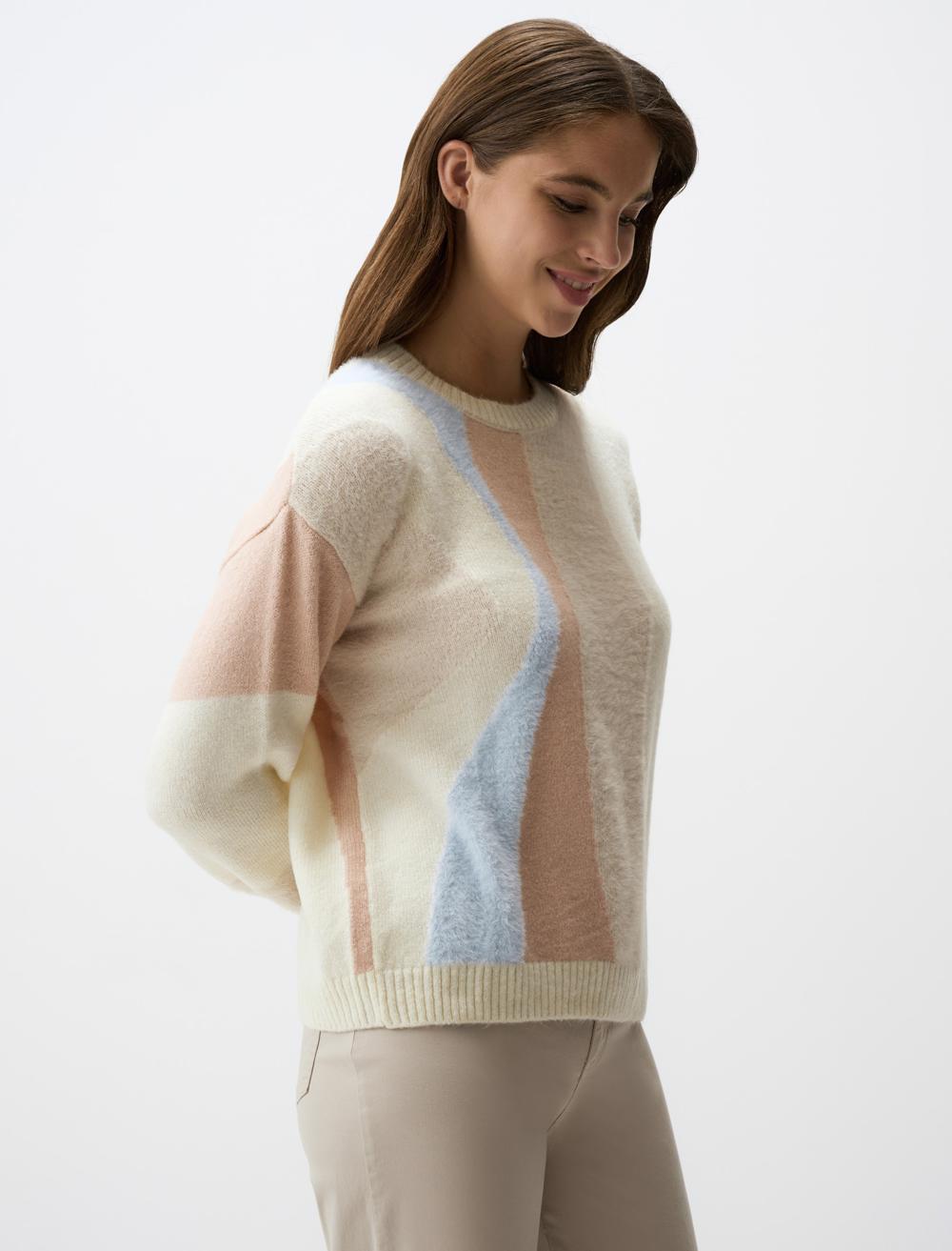 Asymmetric Patterned Crew-Neck Sweater