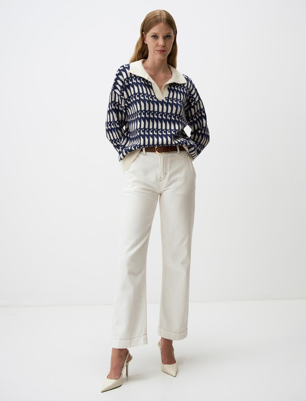 Polo Collar Patterned Sweater