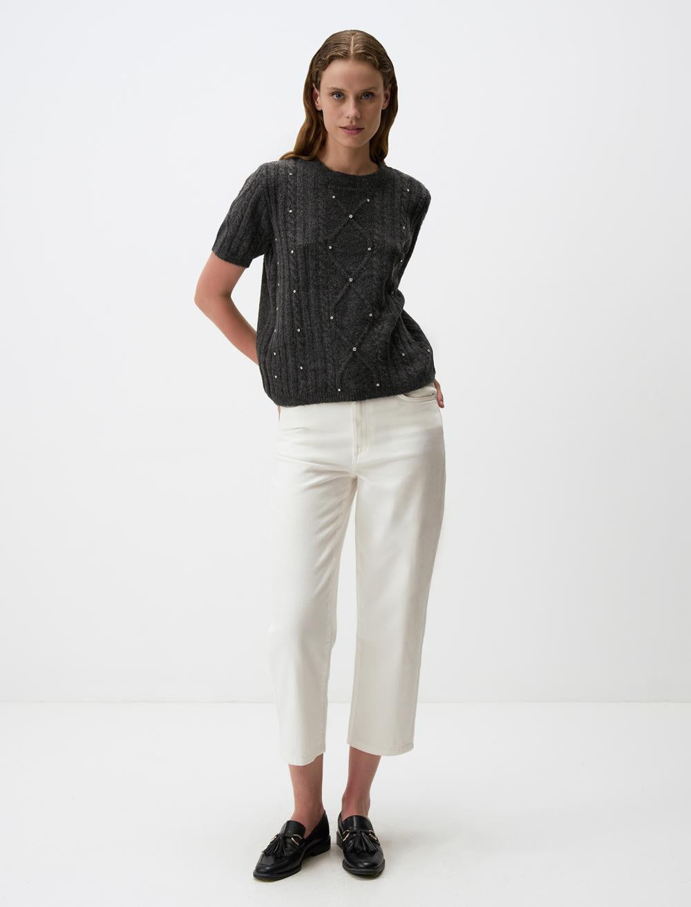 Crew Neck Shiny Stone Detailed Sweater