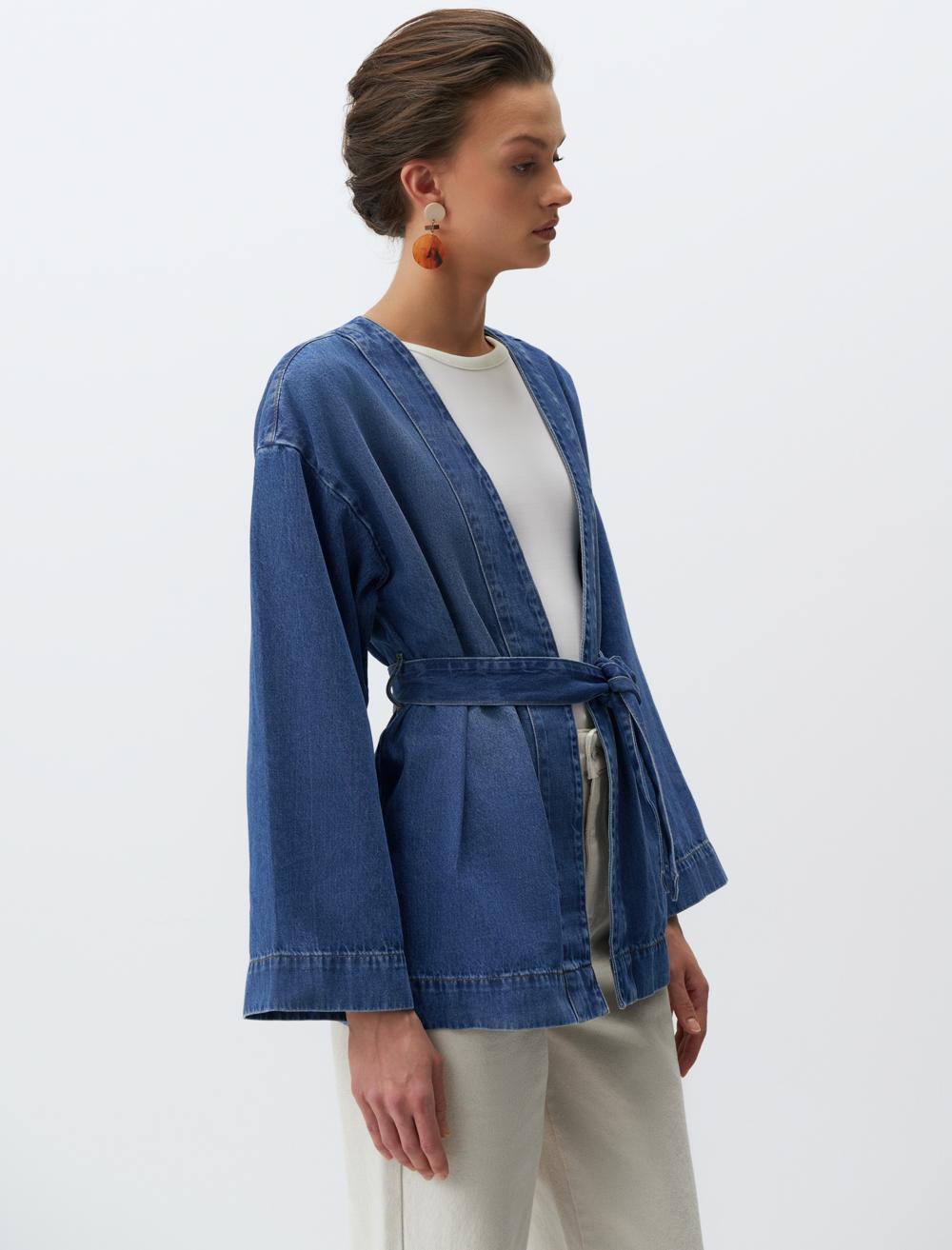 Long Sleeve Belted Denim Kimono