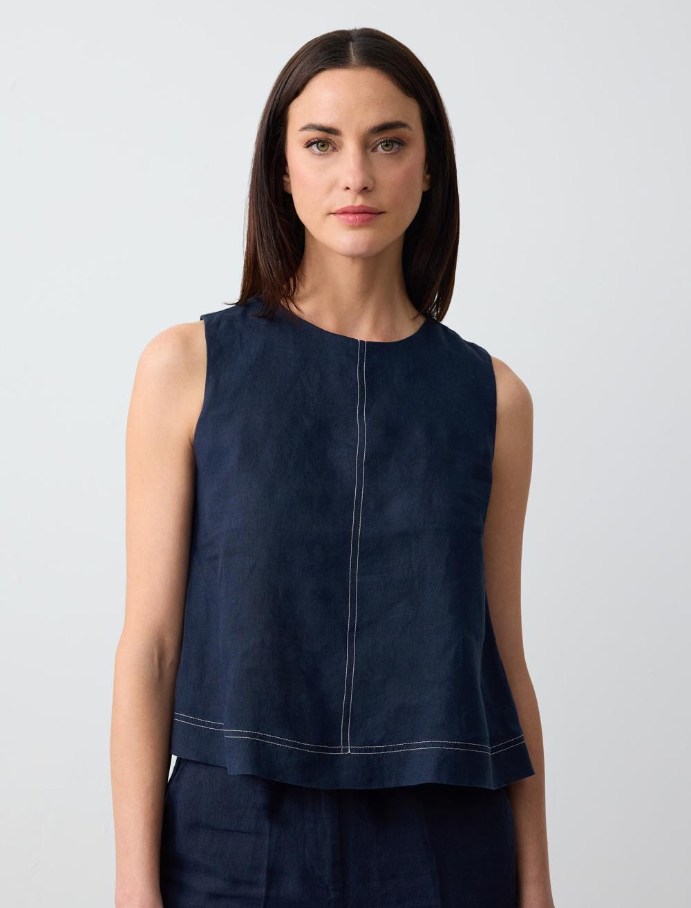 Sleeveless Round Neck Linen Woven Blouse