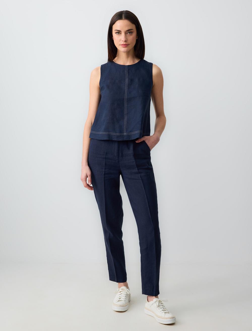 Sleeveless Round Neck Linen Woven Blouse