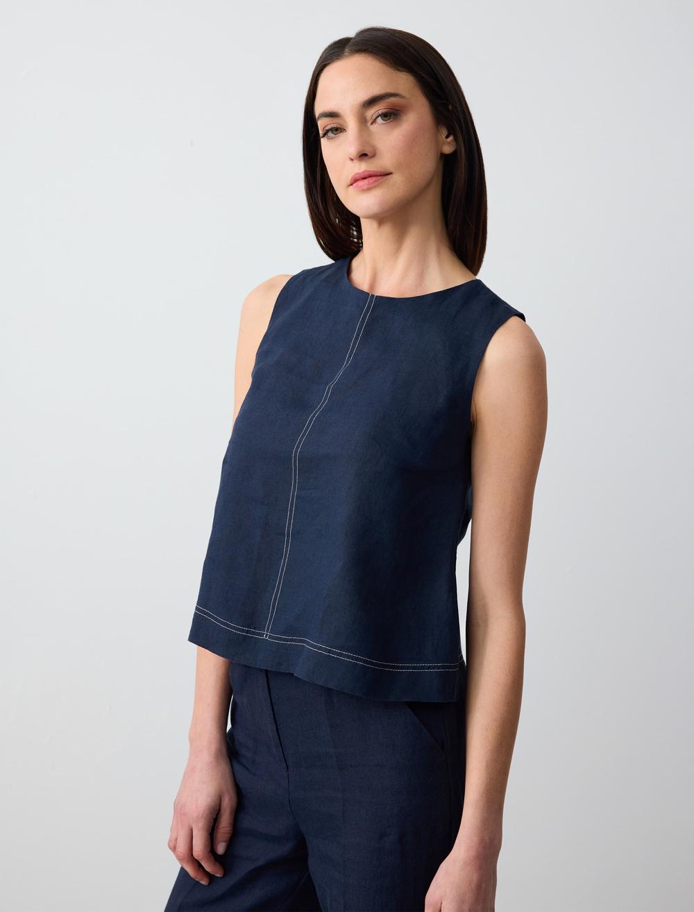 Sleeveless Round Neck Linen Woven Blouse