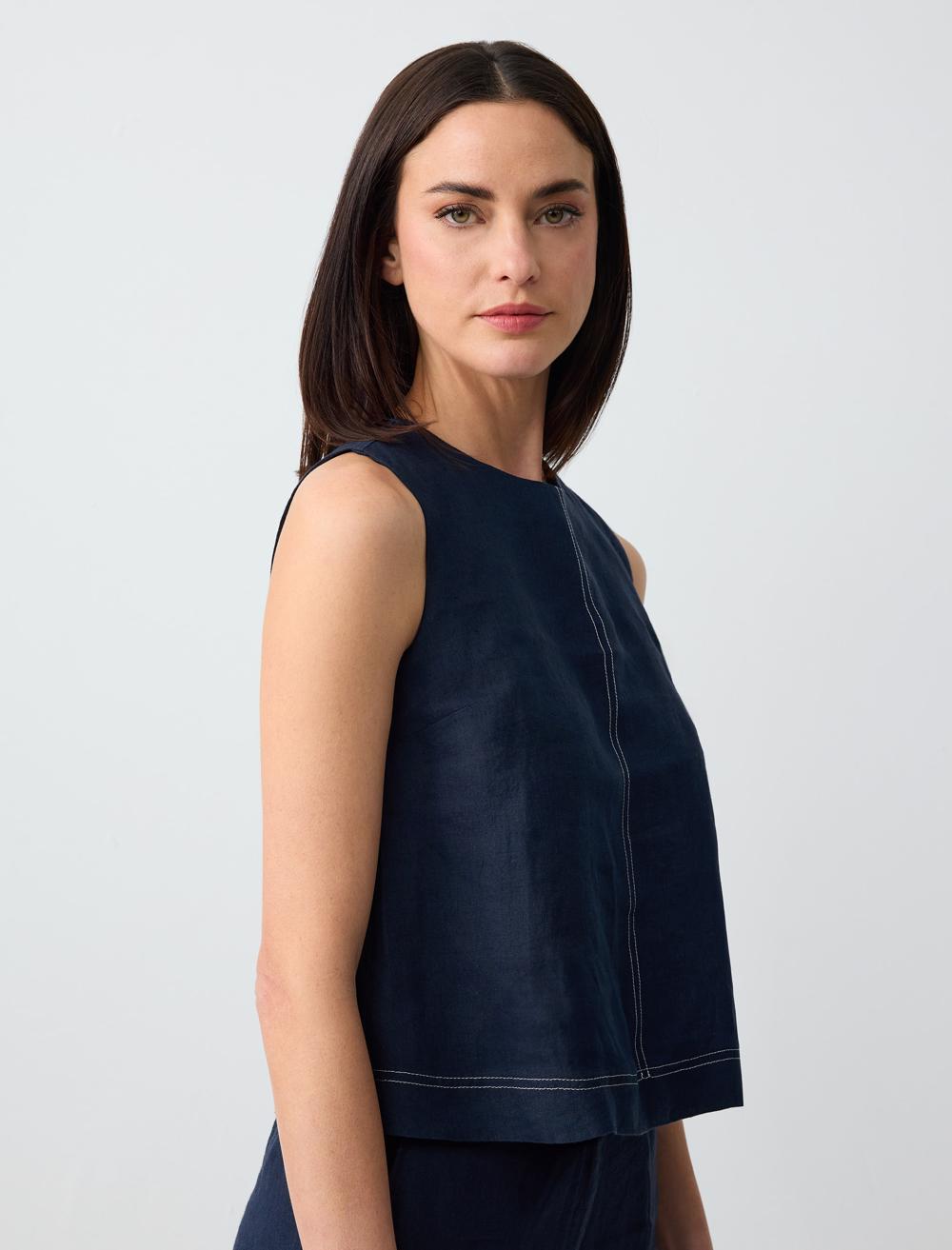 Sleeveless Round Neck Linen Woven Blouse