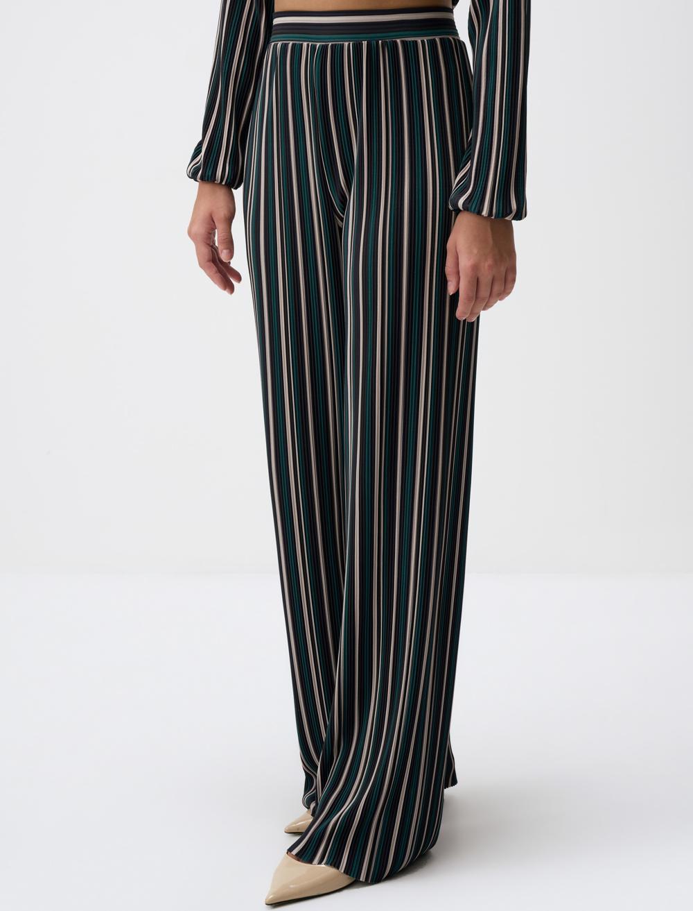 High Waist Relaxed Fit Line Patterned Knitted Pants