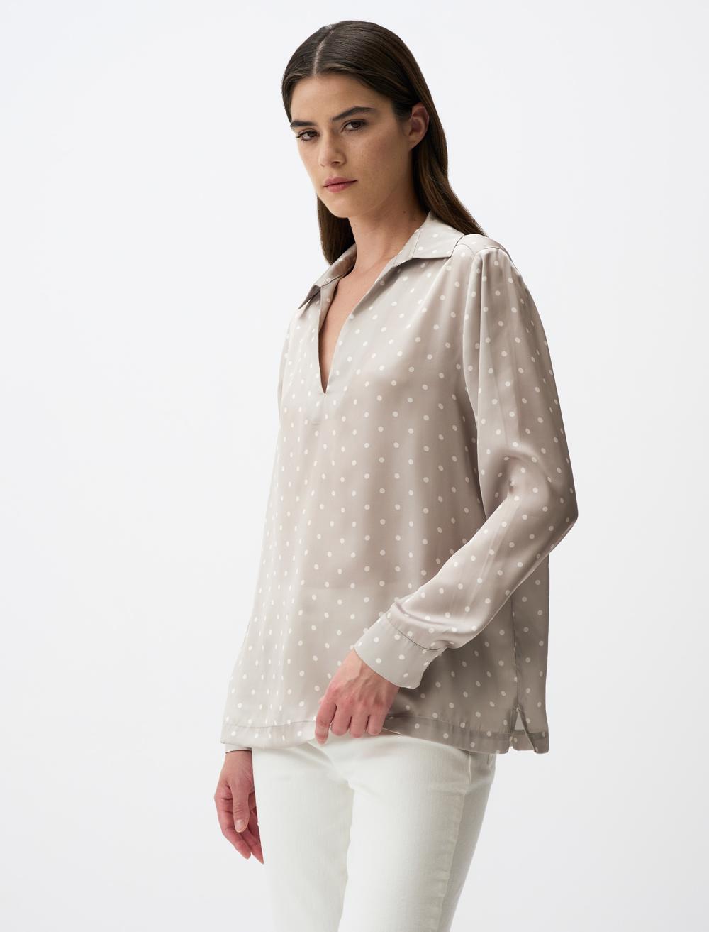 Polo Collar Long Sleeve Satin Blouse