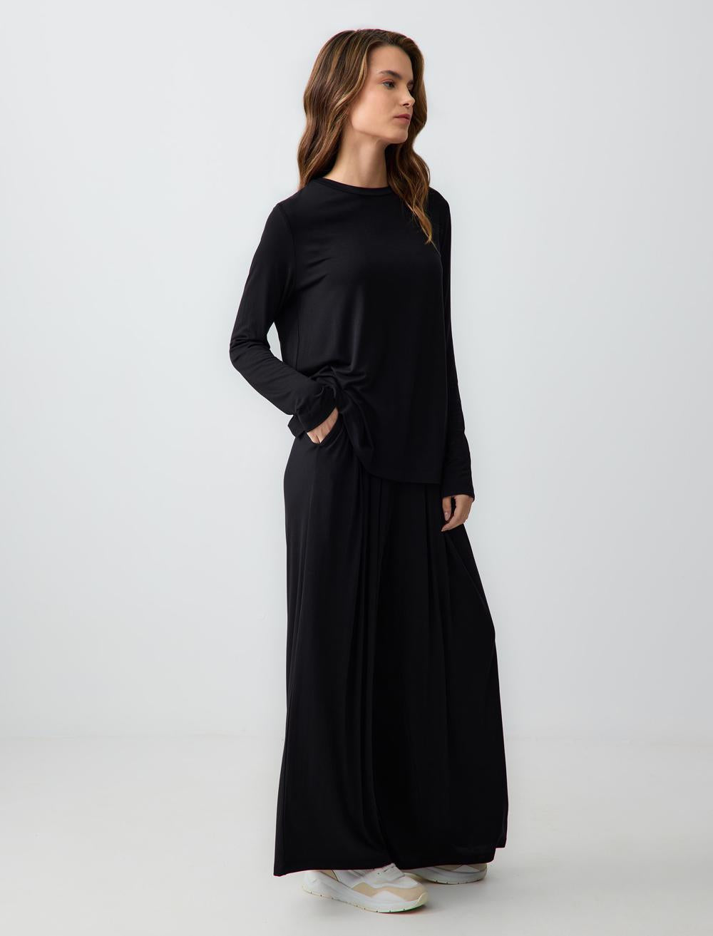 Relaxed Fit High Waist Wide Leg Pleated Knitted Pants