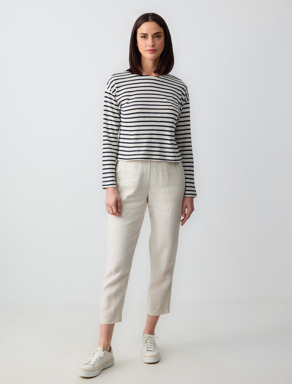 Crew Neck Long Sleeve Line Patterned Linen Knitted T-Shirt