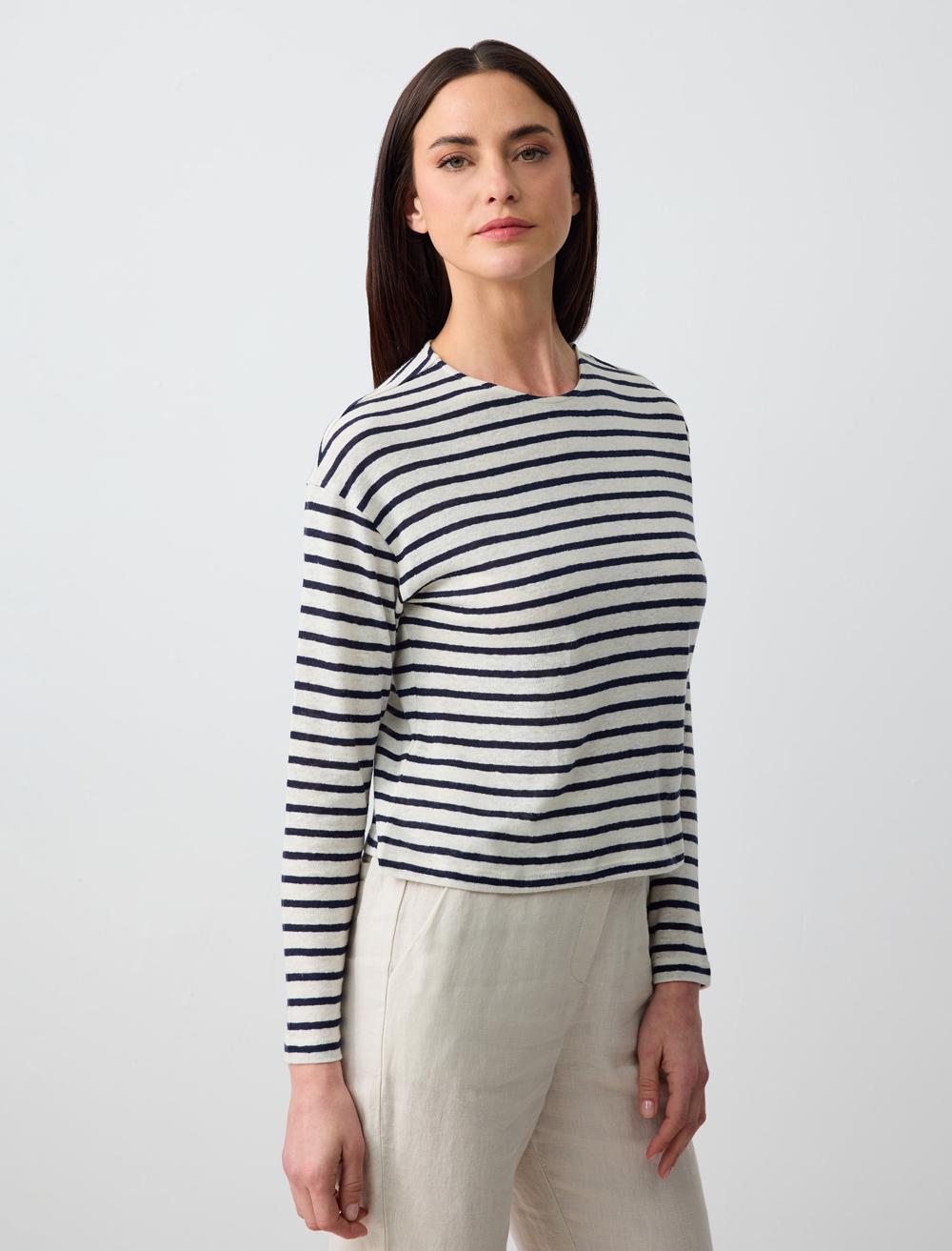 Crew Neck Long Sleeve Line Patterned Linen Knitted T-Shirt