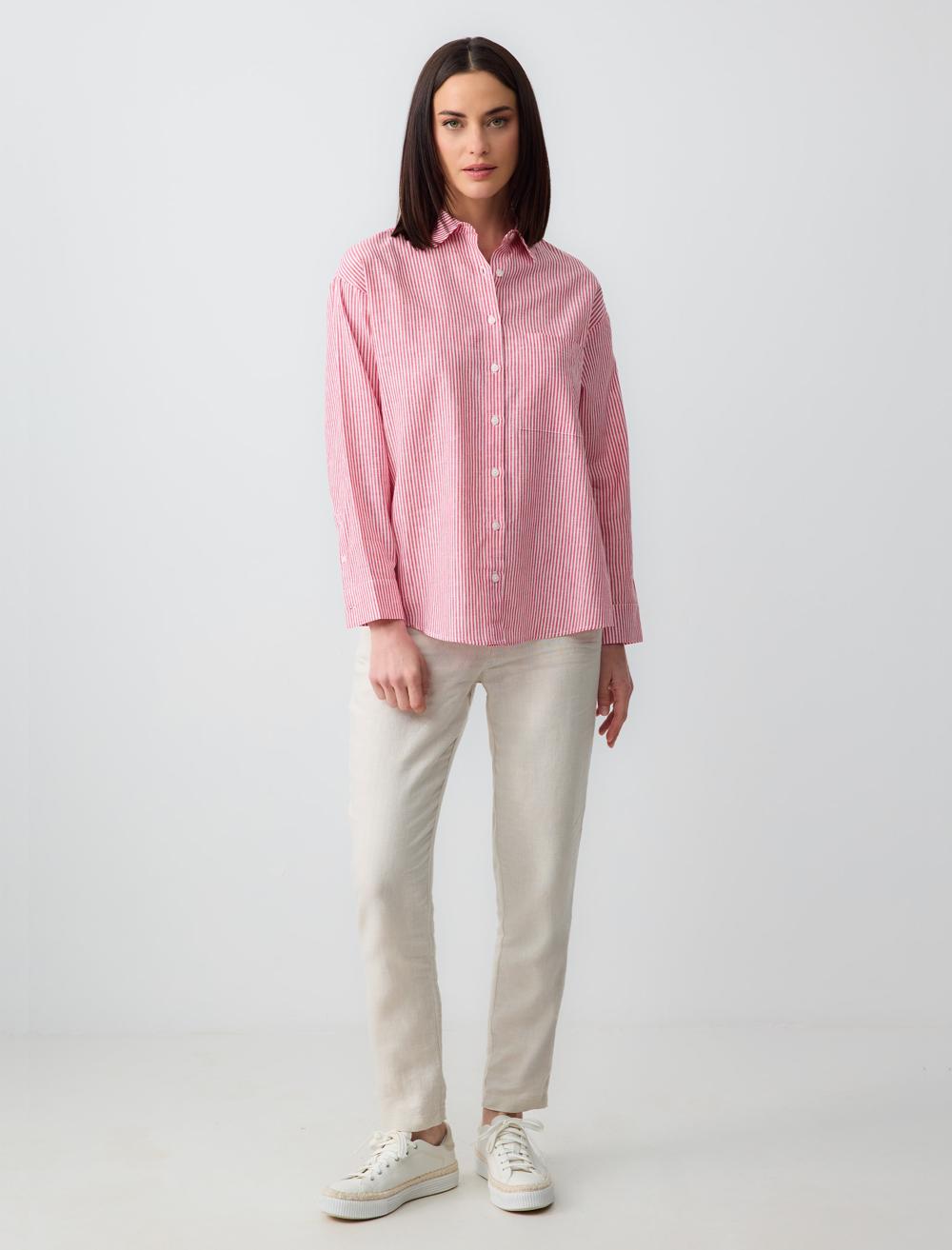 Long Sleeve Striped Linen Shirt with Pockets