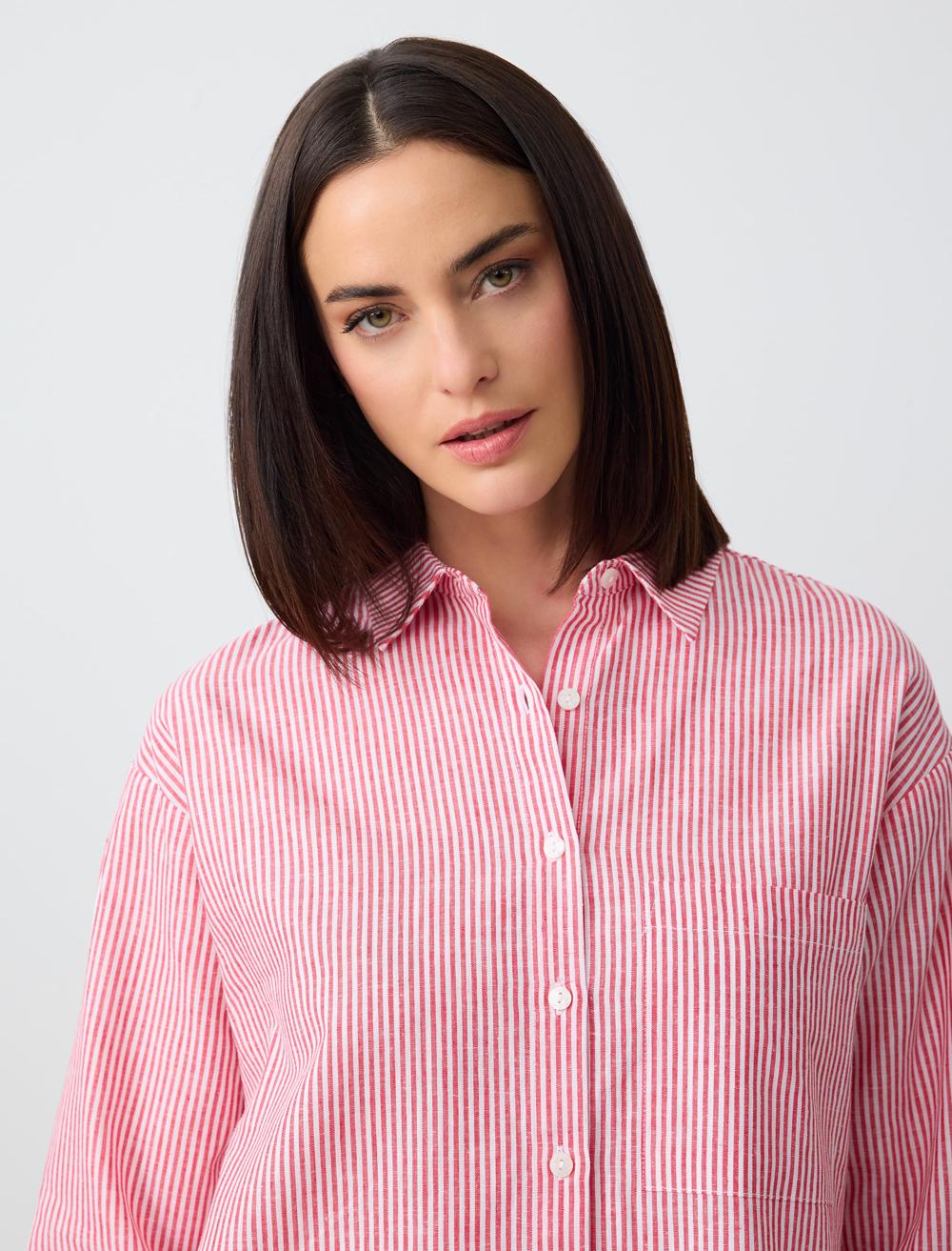 Long Sleeve Striped Linen Shirt with Pockets