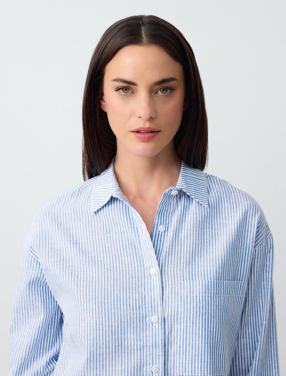 Long Sleeve Striped Linen Shirt with Pockets
