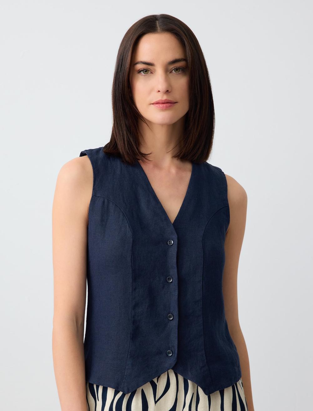 V-neck Sleeveless Plain Linen Vest