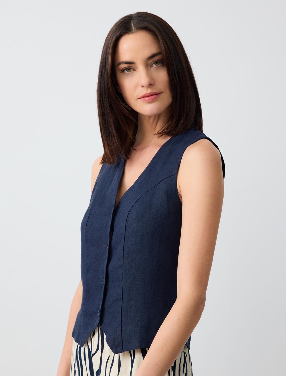 V-neck Sleeveless Plain Linen Vest