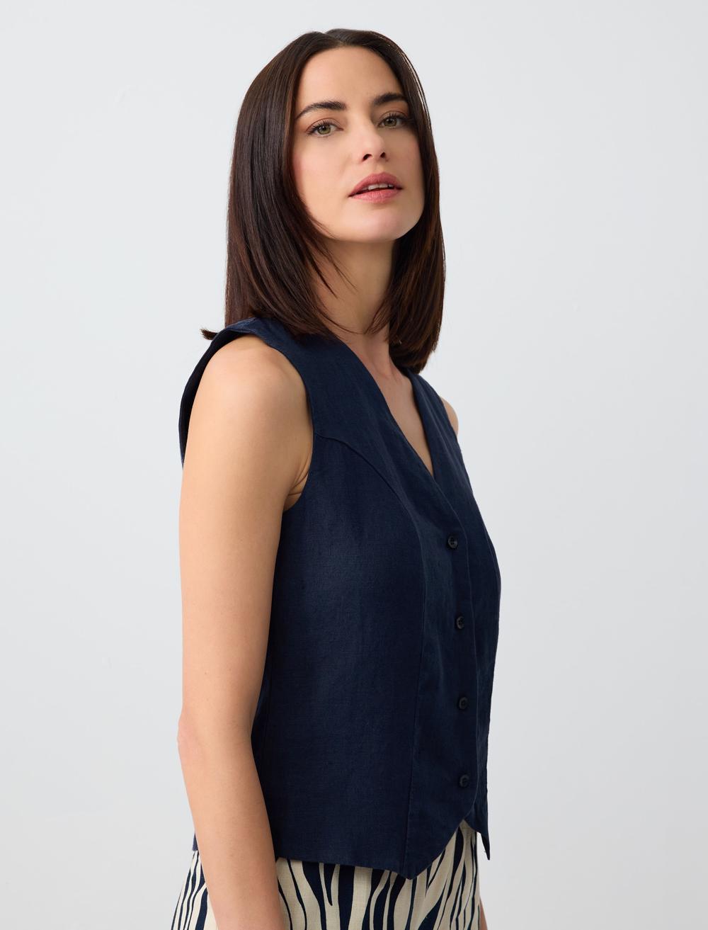 V-neck Sleeveless Plain Linen Vest
