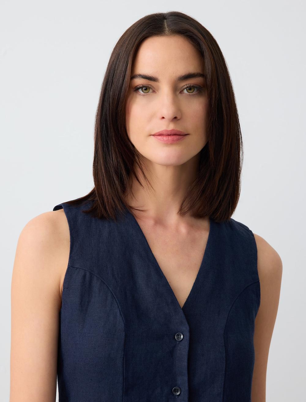 V-neck Sleeveless Plain Linen Vest