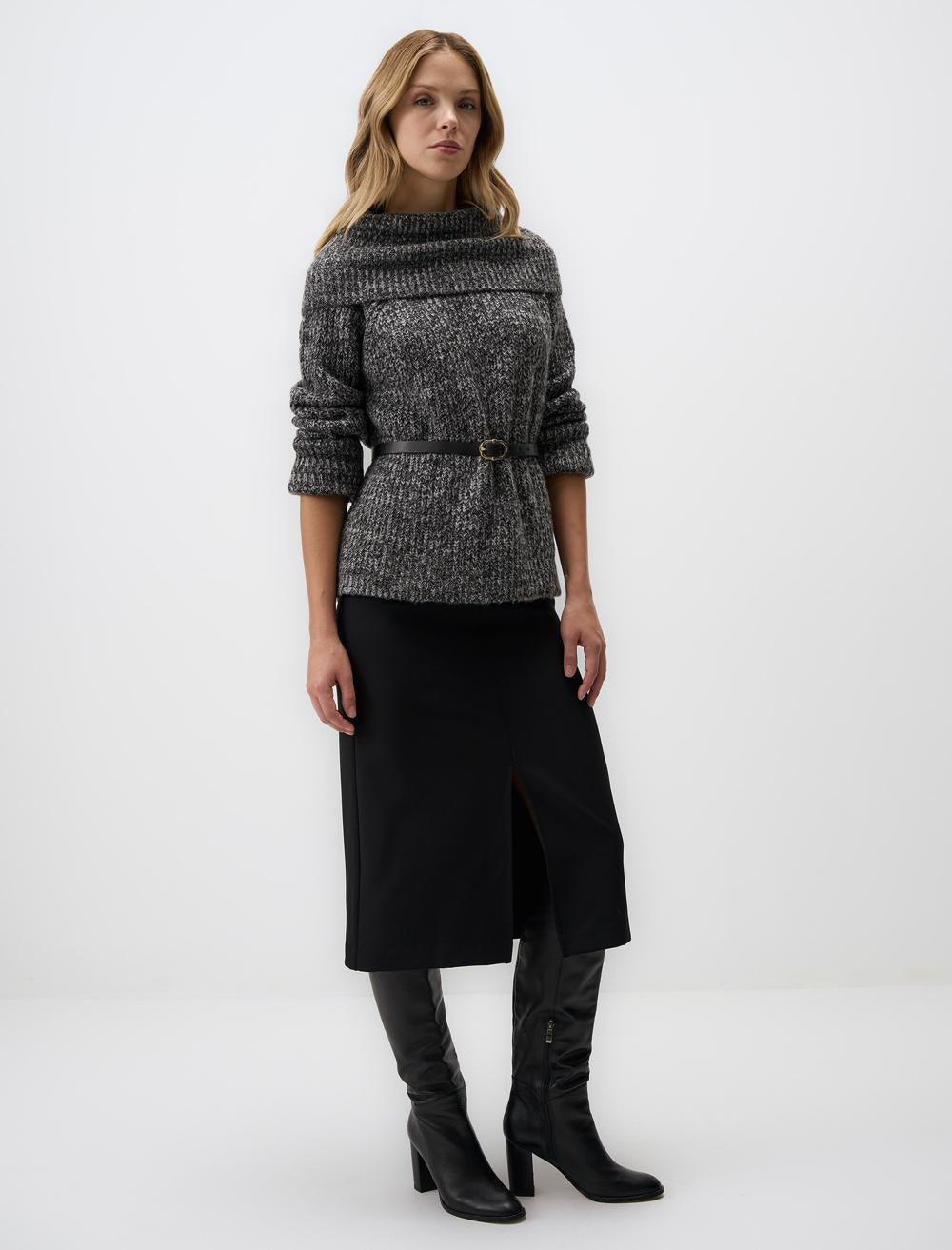 Narrow Cut High Waist Midi Skirt with Slit Detail