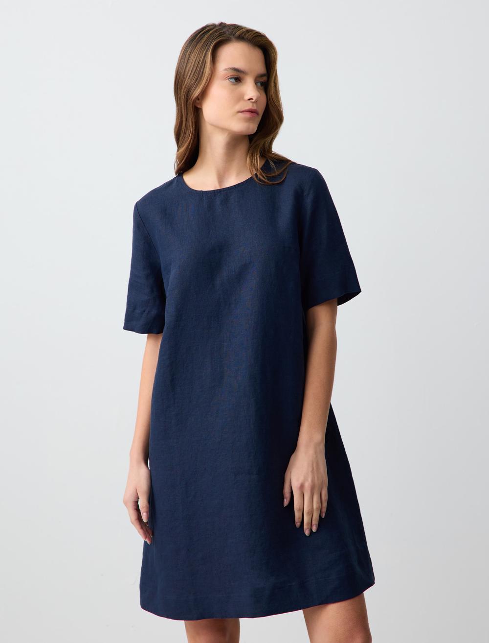 Round Neck Short Sleeve Linen Mini Dress