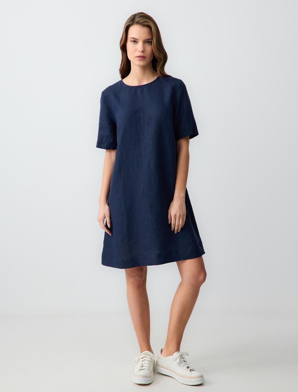 Round Neck Short Sleeve Linen Mini Dress
