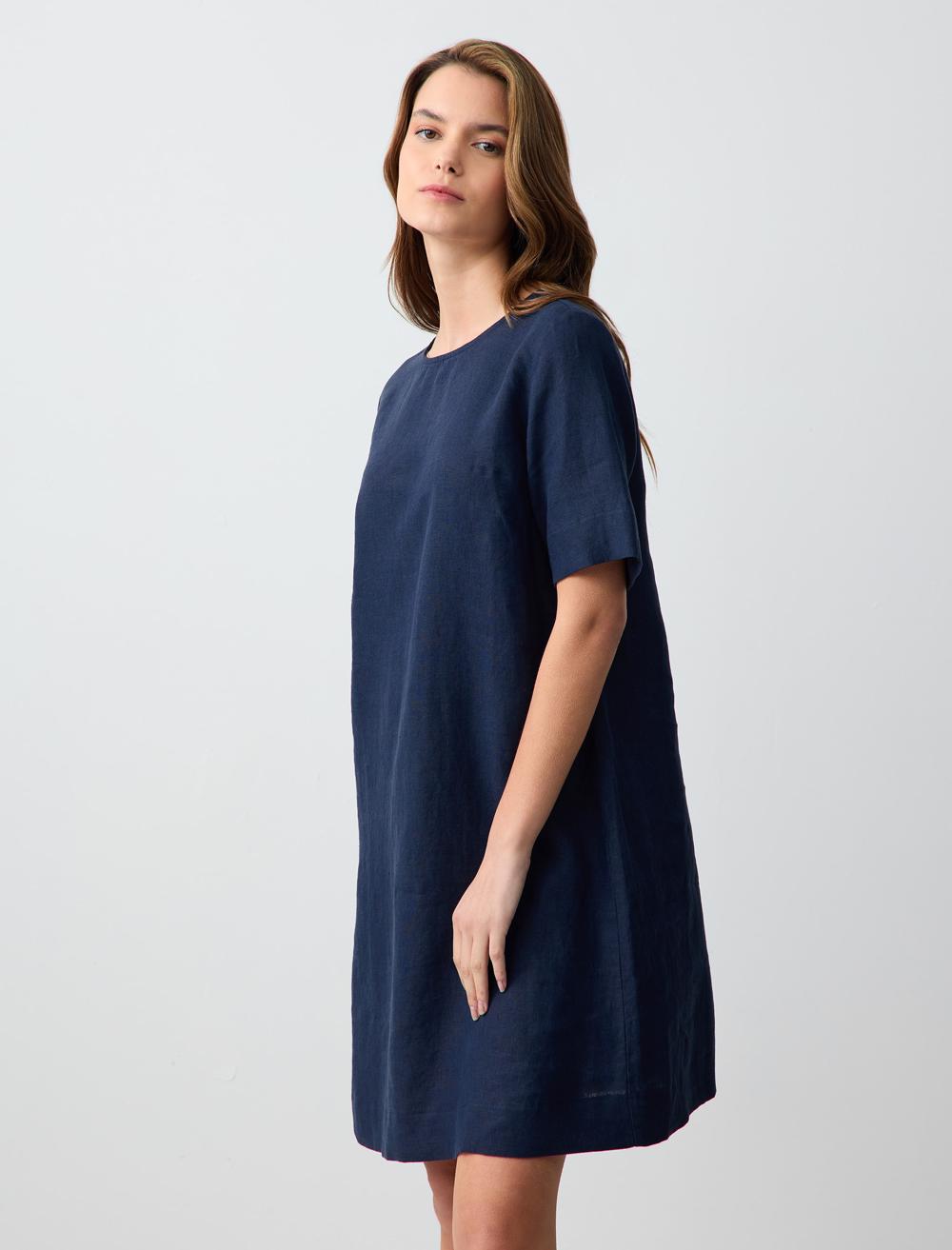 Round Neck Short Sleeve Linen Mini Dress