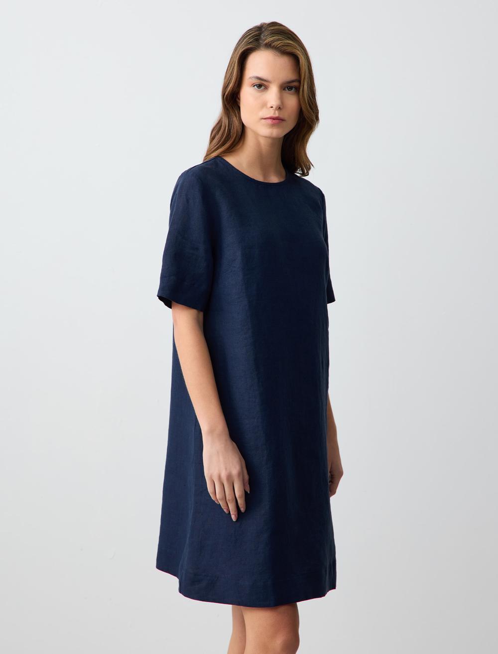 Round Neck Short Sleeve Linen Mini Dress