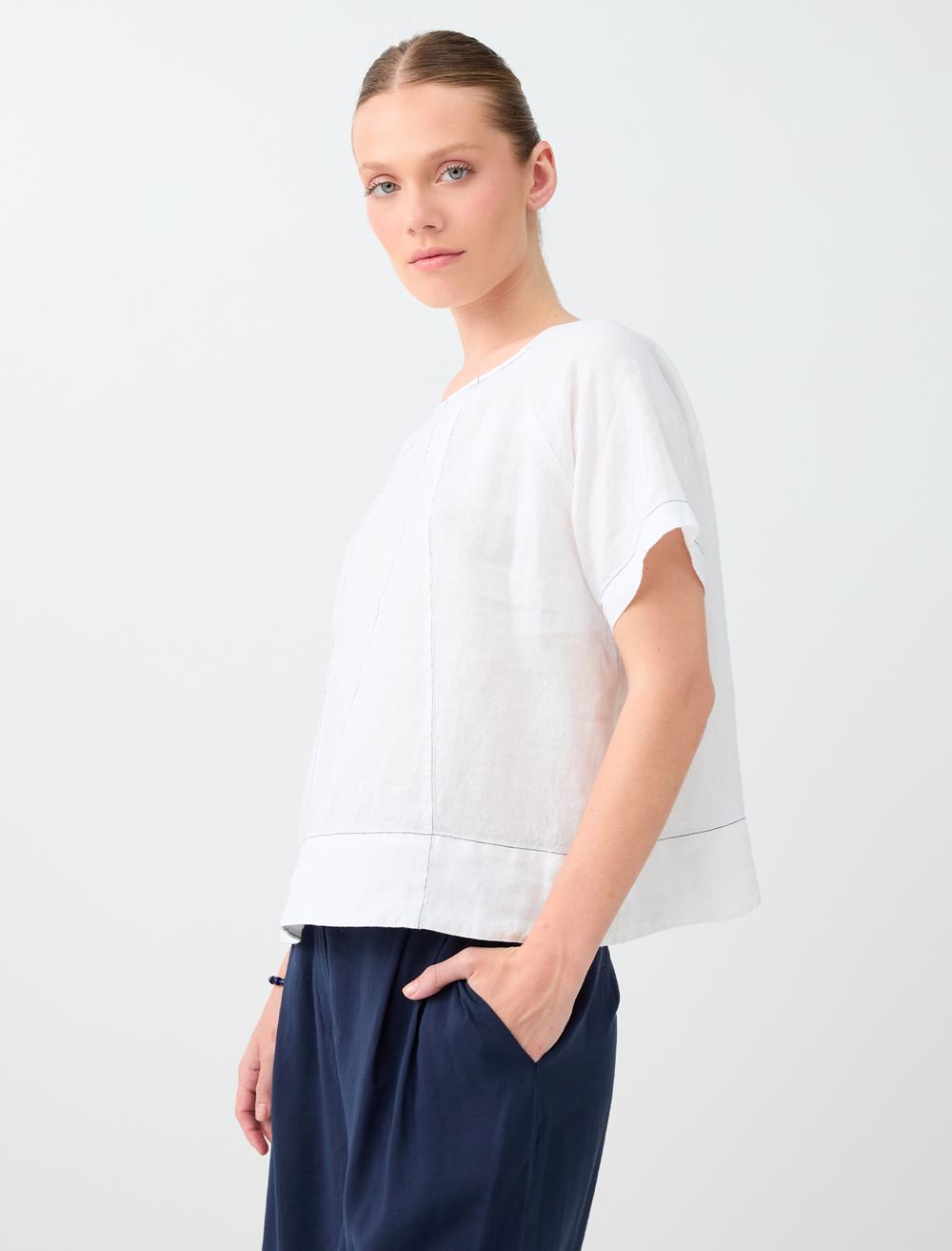 Normal Fit Crew Neck Short Sleeve Blouse - White - 6SW037606106