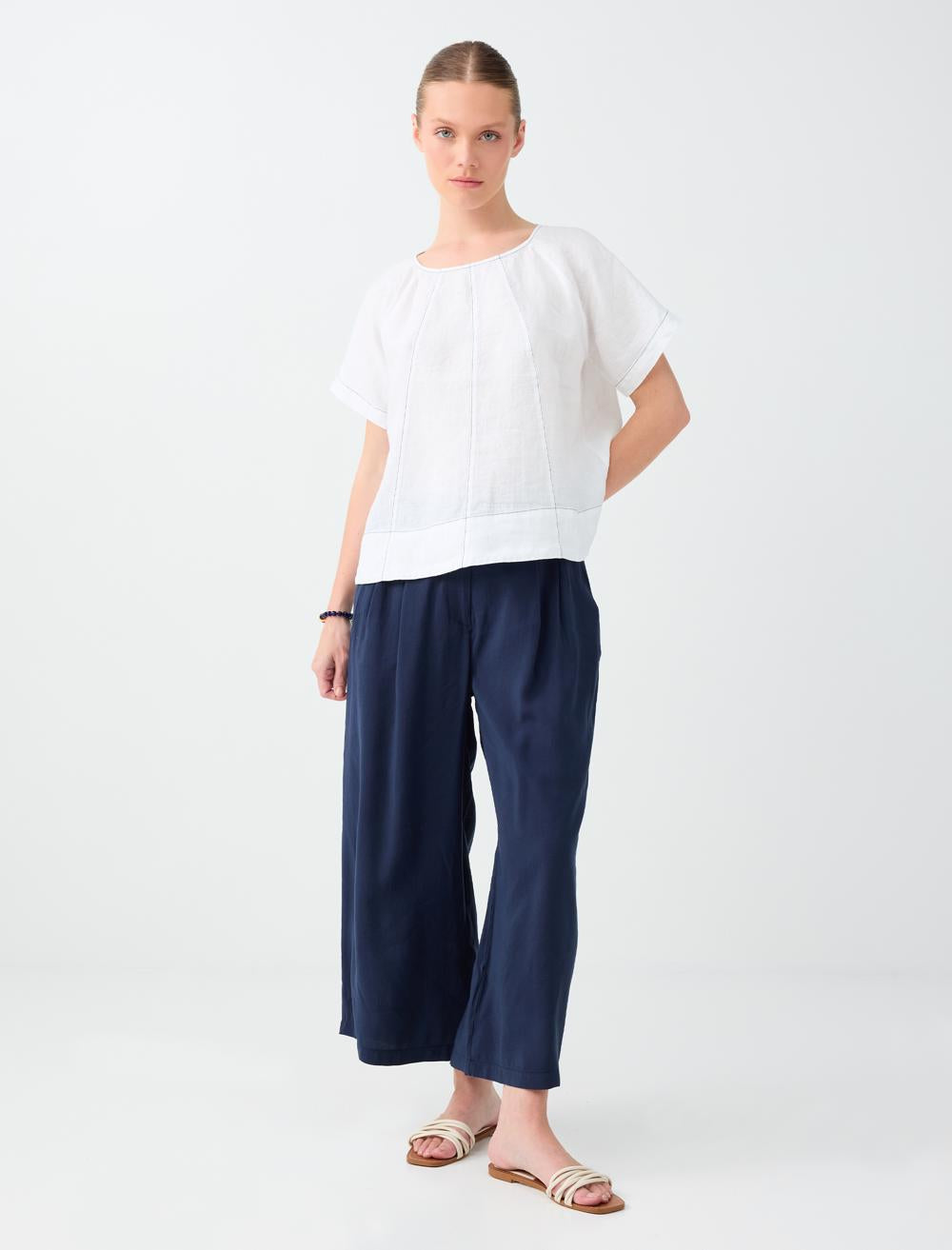 Normal Fit Crew Neck Short Sleeve Blouse - White - 6SW037606106