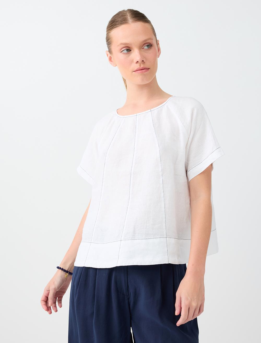 Normal Fit Crew Neck Short Sleeve Blouse - White - 6SW037606106