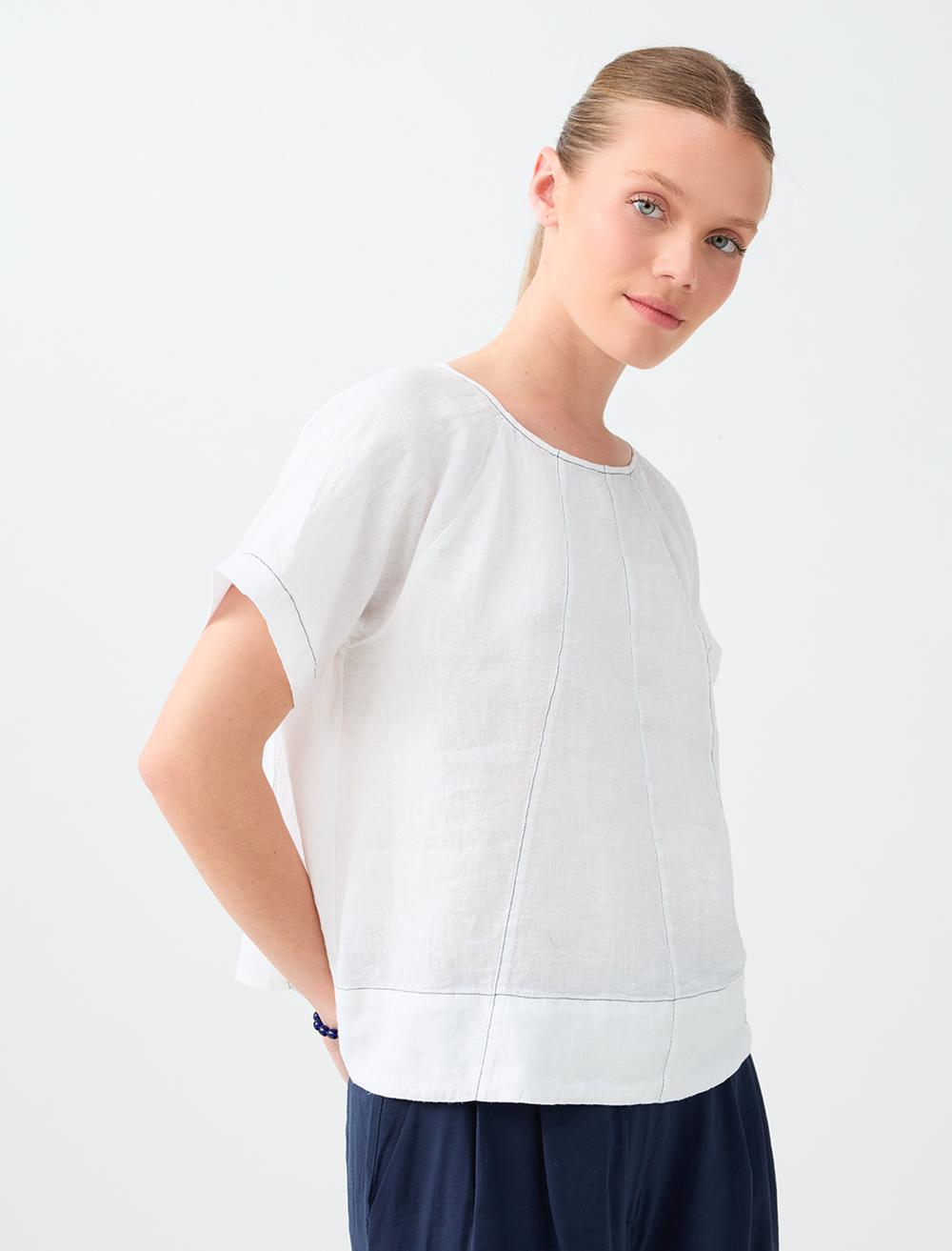 Normal Fit Crew Neck Short Sleeve Blouse - White - 6SW037606106