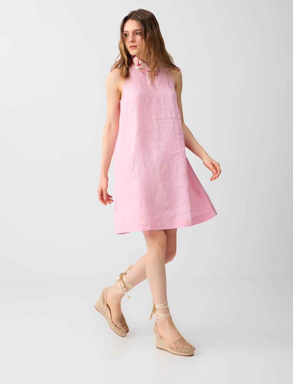Normal Fit Crew Neck Dress - Pink - 6SW065537610