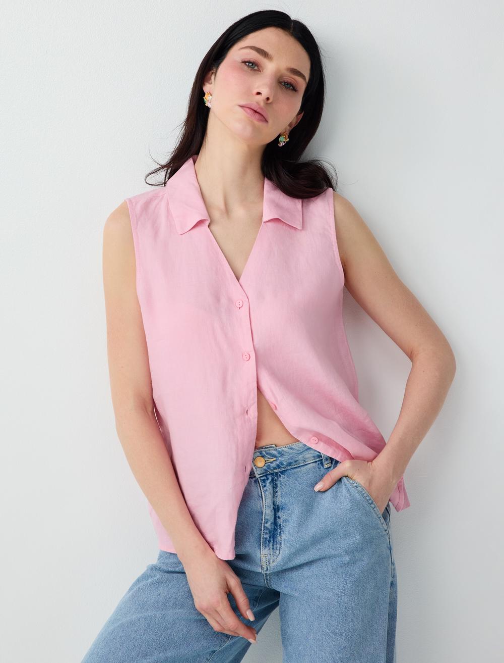 Slim Fit Shirt Collar Sleeveless Shirt - Pink - 6SW085538610