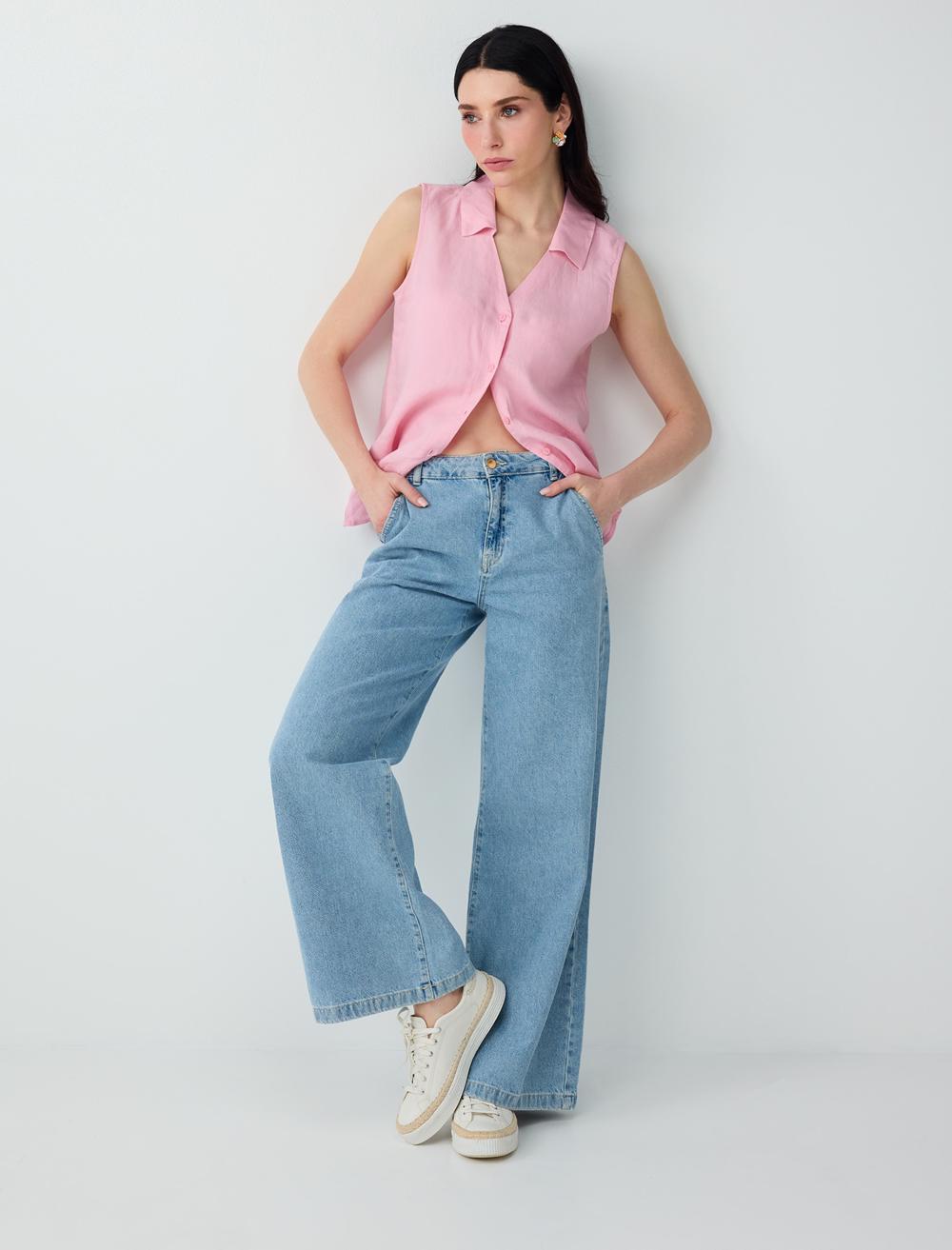 Slim Fit Shirt Collar Sleeveless Shirt - Pink - 6SW085538610