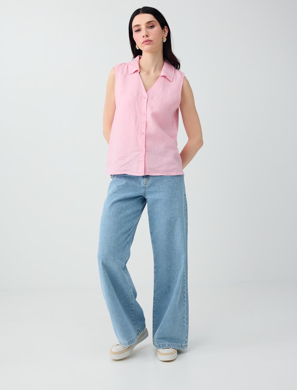 Slim Fit Shirt Collar Sleeveless Shirt - Pink - 6SW085538610