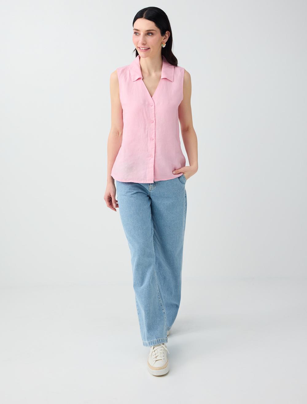 Slim Fit Shirt Collar Sleeveless Shirt - Pink - 6SW085538610