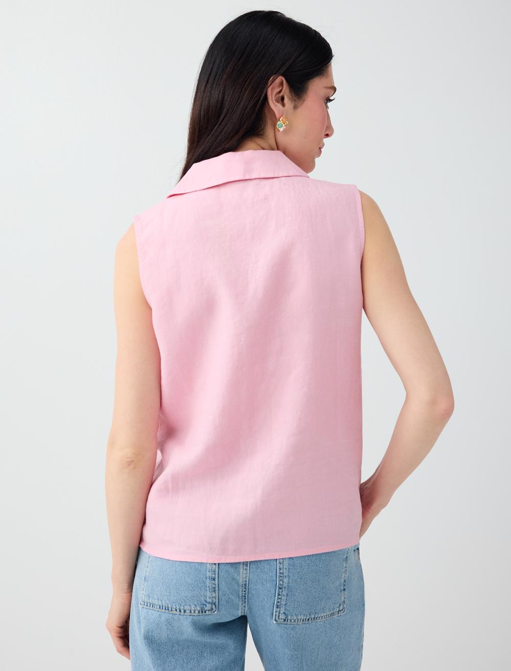 Slim Fit Shirt Collar Sleeveless Shirt - Pink - 6SW085538610