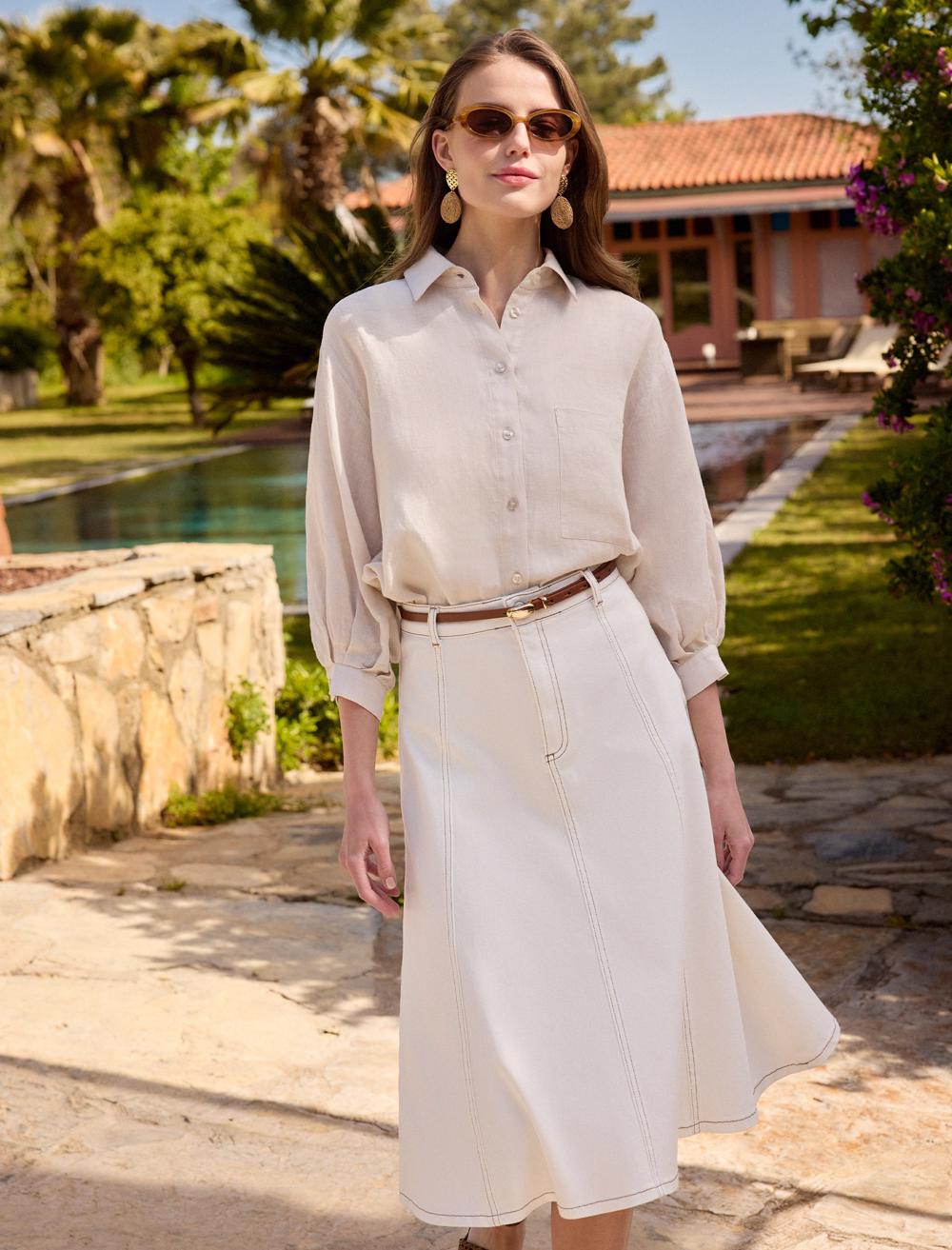 Loose Fit Shirt Collar 3/4 Length-Sleeve Shirt