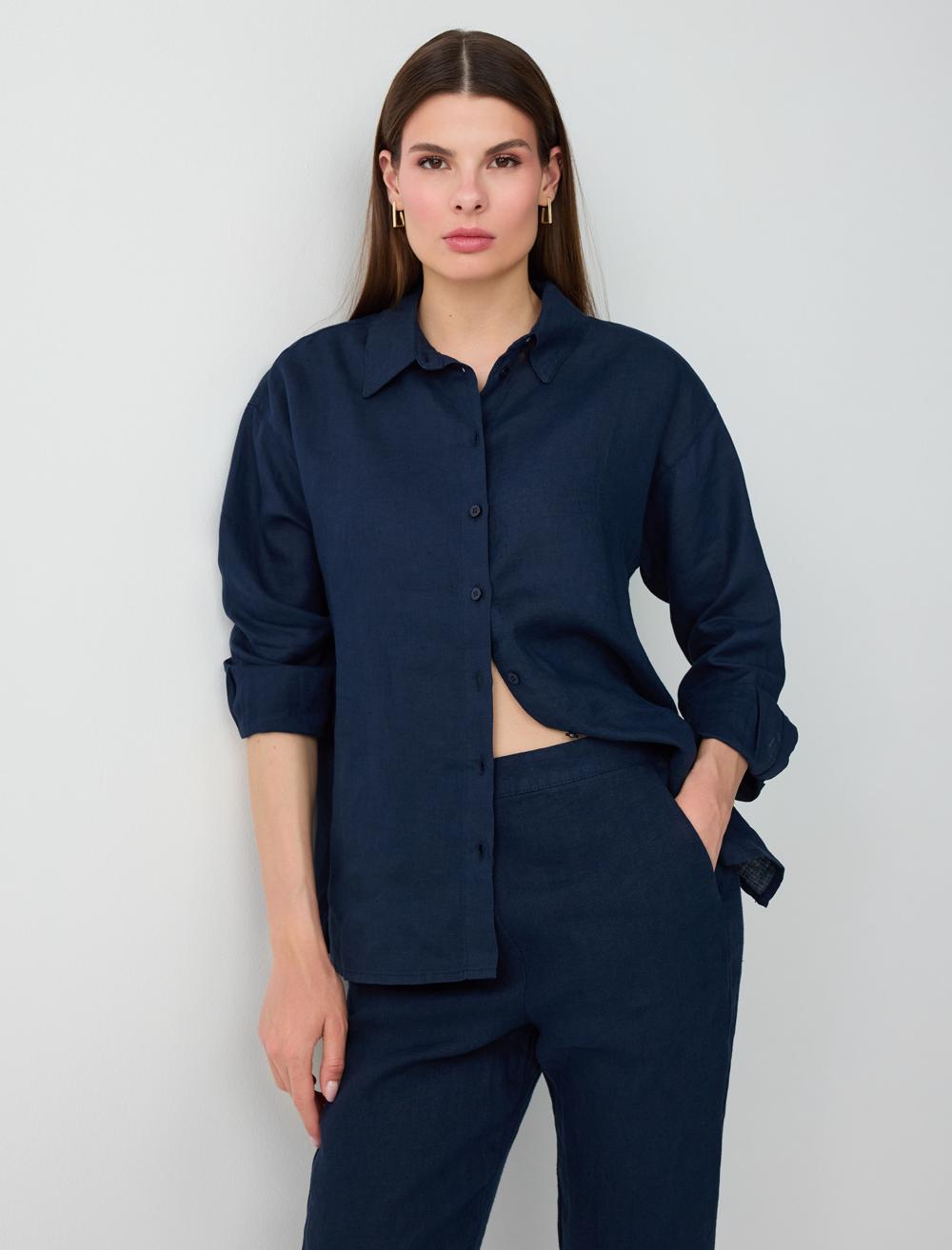 Normal Fit Shirt Collar Long Sleeve Shirt - Dark Blue - 6SW087019494
